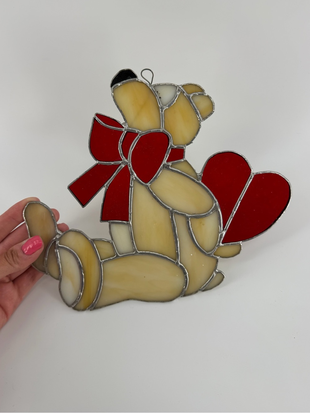 Vintage Stained Glass Bear Holding Heart Suncatcher Cream Red 8"